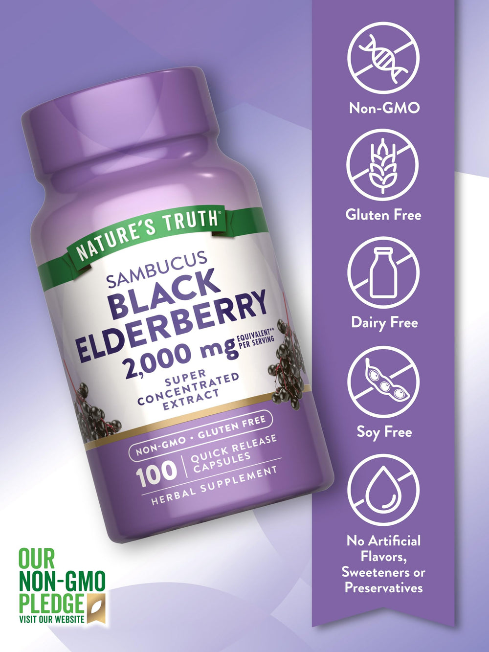 Nature's Truth Sambucus extract close-up highlights 2000 mg equivalent per serving