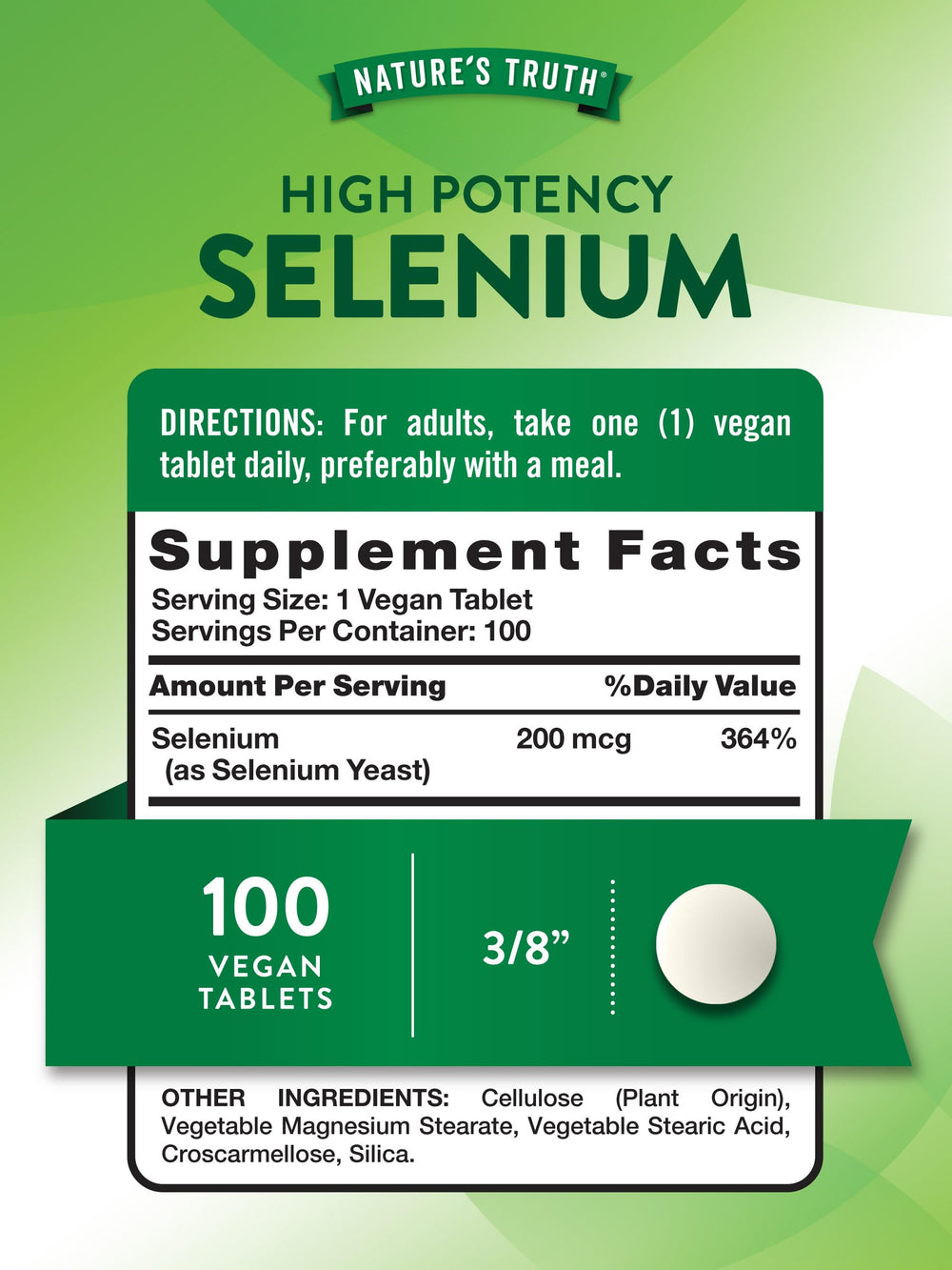 Nature's Truth selenium bottle label highlights gluten-free and non-GMO formula.