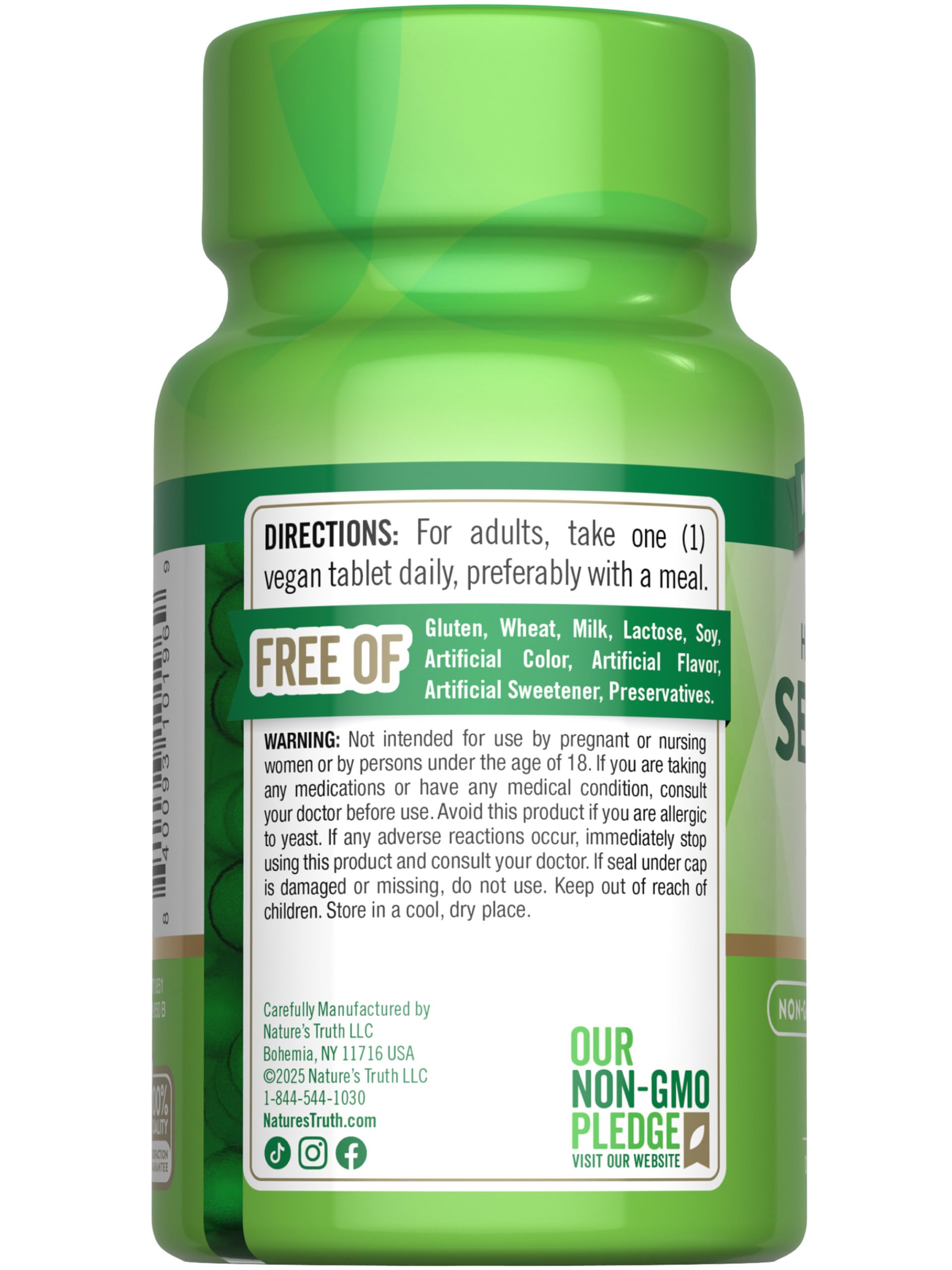 Nature's Truth selenium label close-up shows non-GMO and additive-free details.