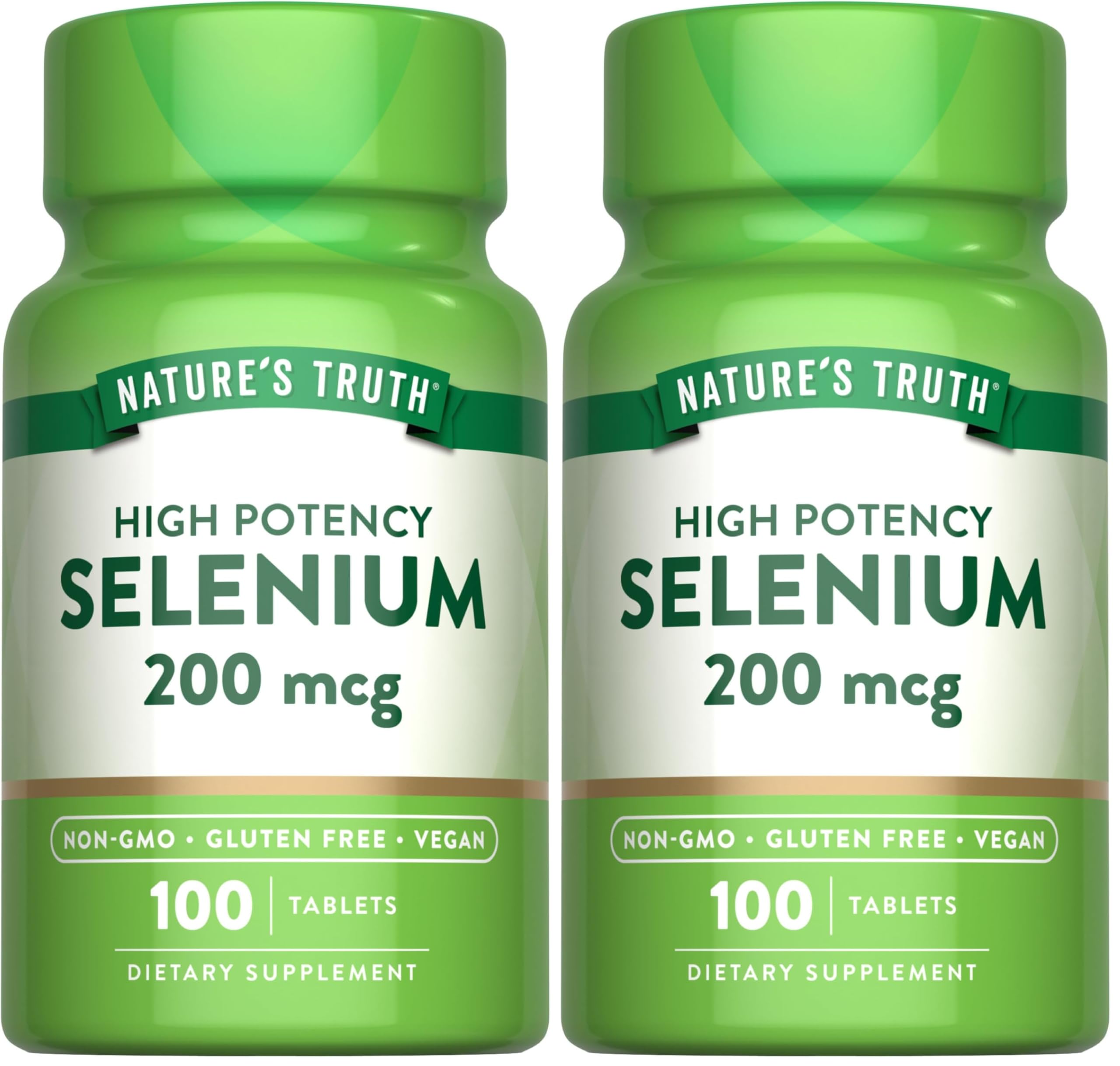 Nature's Truth selenium 200 mcg pack shows vegan tablets for daily wellness.