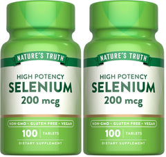 Nature's Truth selenium 200 mcg pack shows vegan tablets for daily wellness.