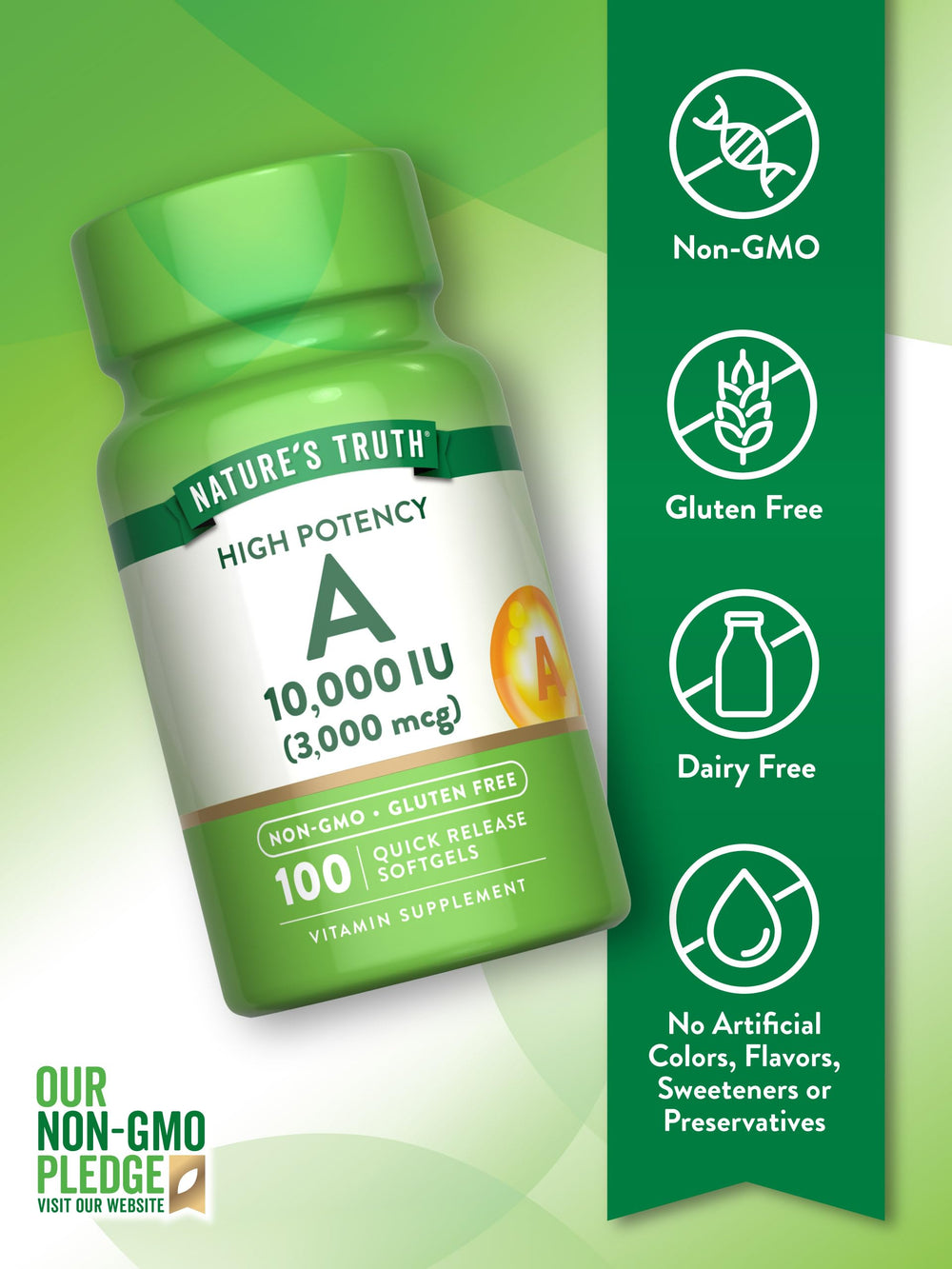 Close-up of Nature's Truth Vitamin A softgel capsule with smooth texture.