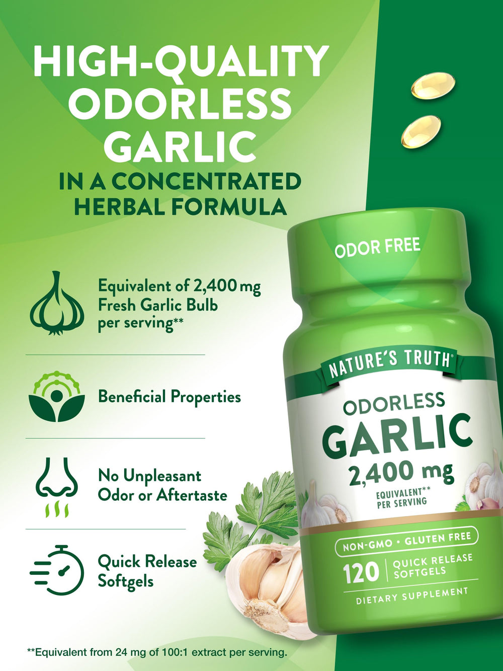 Nature's Truth softgel close-up shows compact, easy-to-swallow capsules.