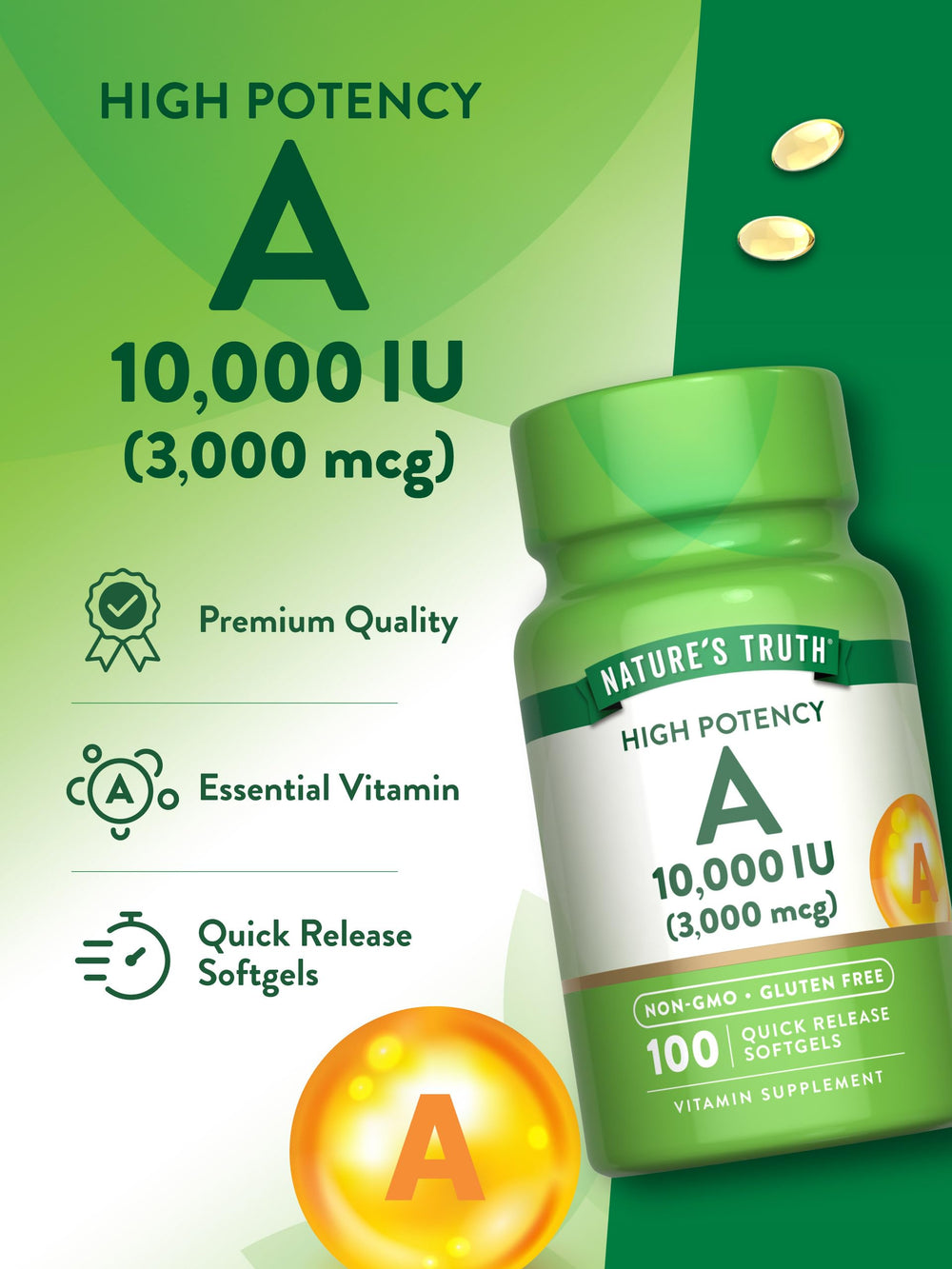 Softgel pour shot from Nature's Truth Vitamin A bottle for easy intake.
