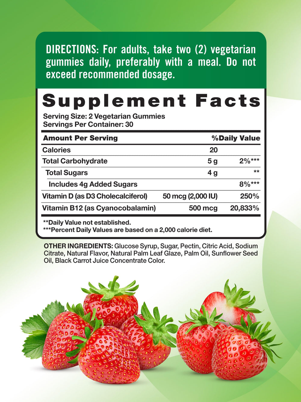 Nature's Truth vegetarian gummies strawberry closeup highlights plant-based ingredients for adults.