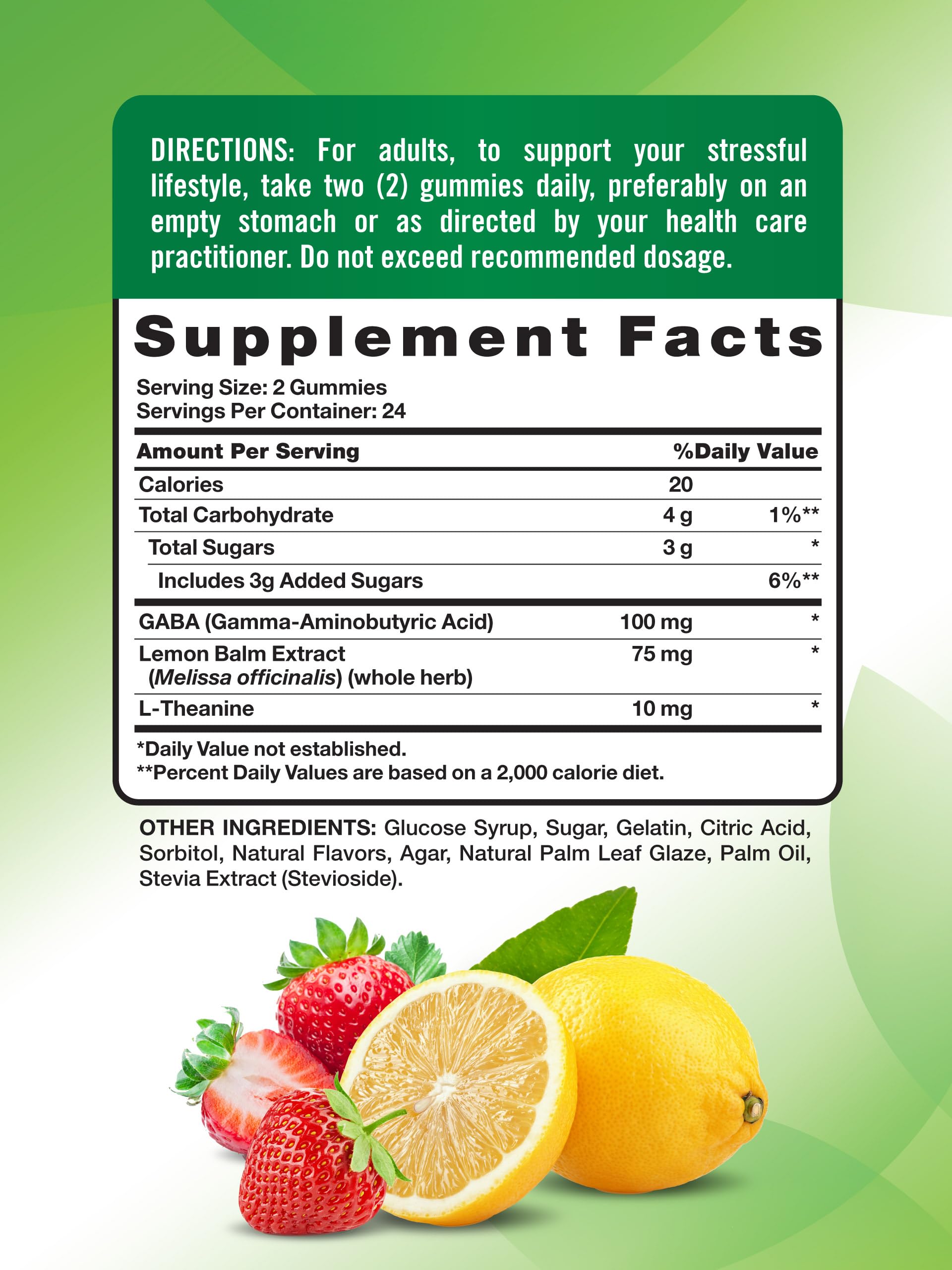 Nature's Truth Stress Relief Gummies label closeup highlighting GABA and lemon balm for relaxed focus.