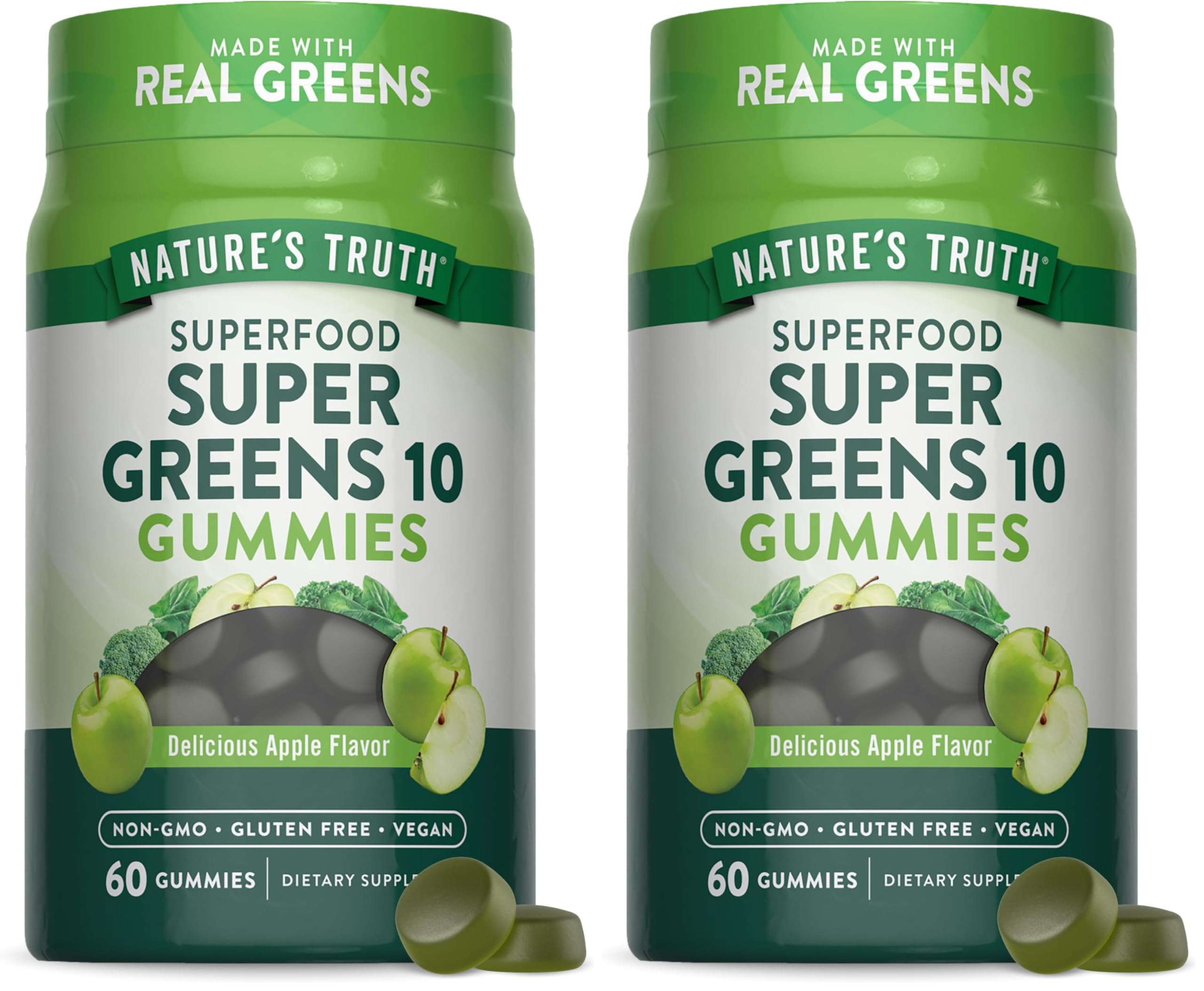Nature's Truth Super Greens Gummies bottle front shows vegan gluten free wellness in a tasty form