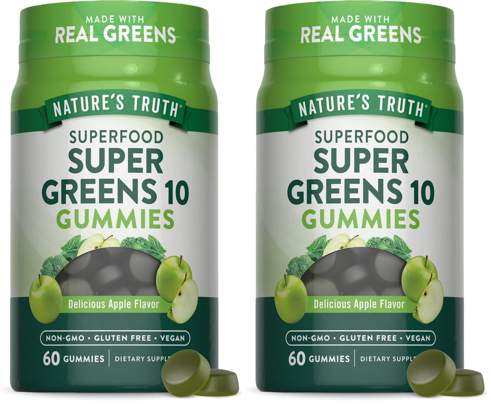 Nature's Truth Super Greens Gummies bottle front shows vegan gluten free wellness in a tasty form