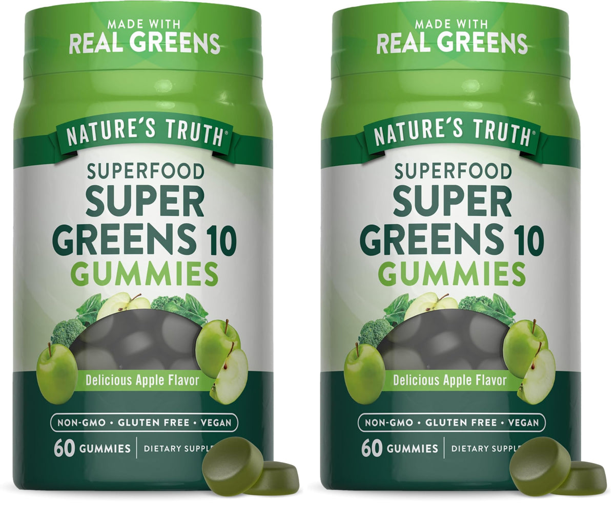 Nature's Truth Super Greens Gummies bottle front shows vegan gluten free wellness in a tasty form