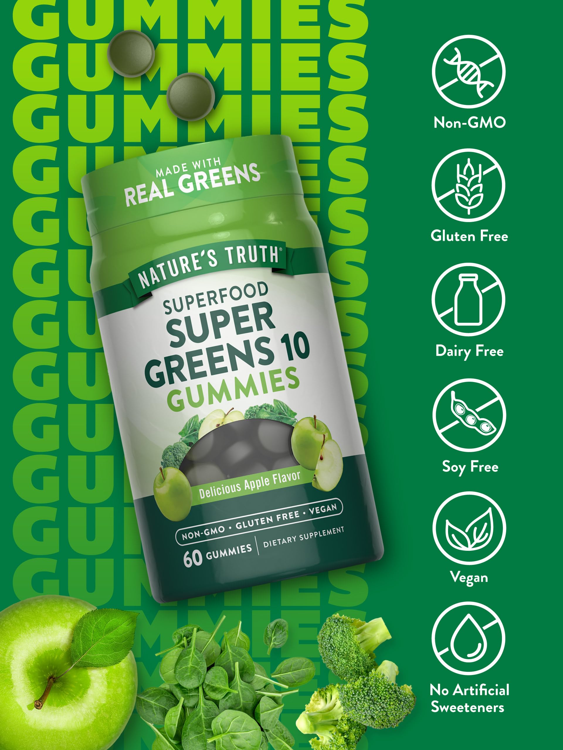 Nature's Truth Super Greens Gummies ingredients blend highlights spinach broccoli and real greens