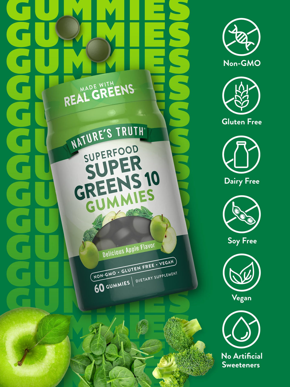 Nature's Truth Super Greens Gummies ingredients blend highlights spinach broccoli and real greens