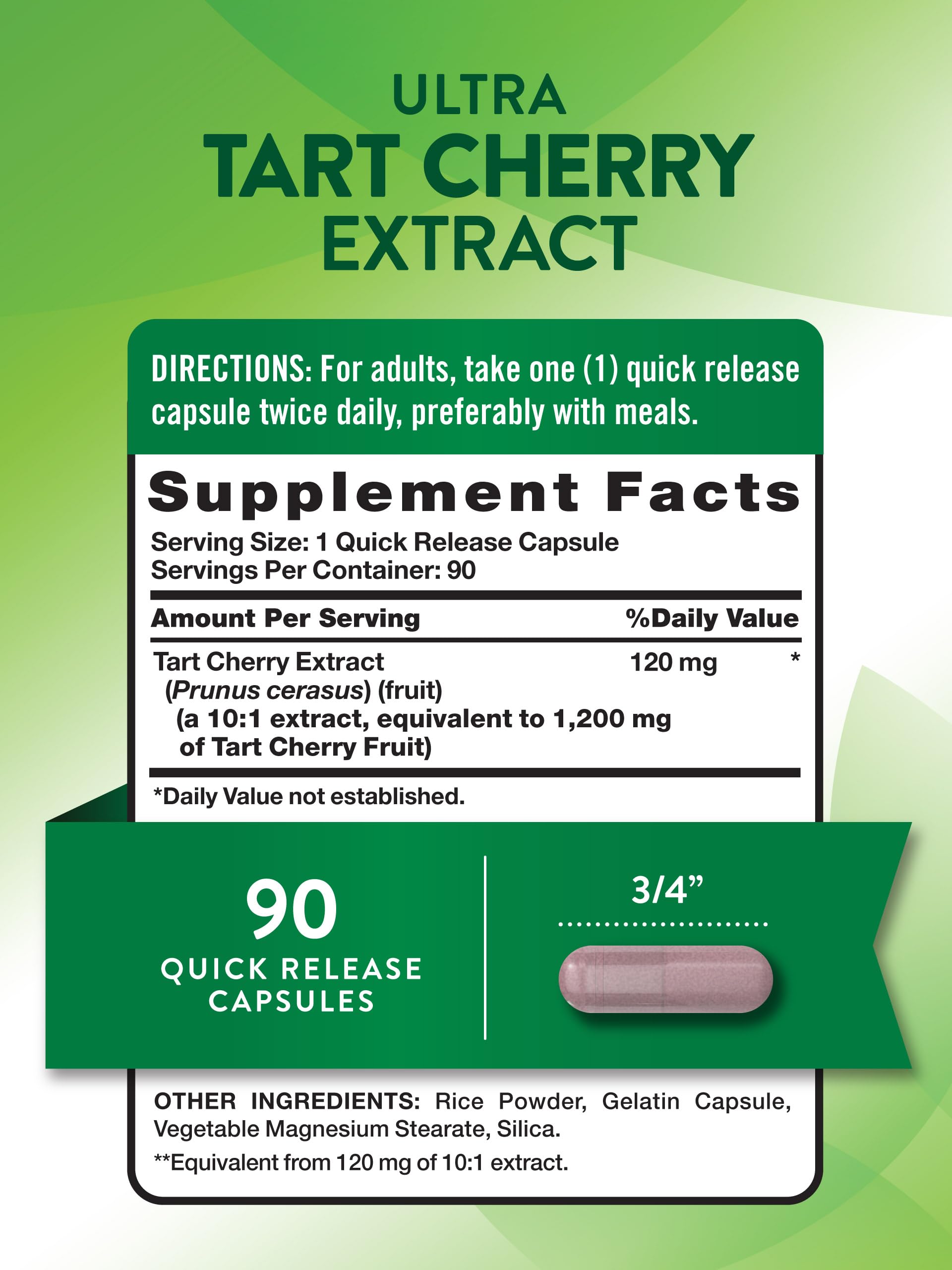Close-up of Nature's Truth Tart Cherry Extract capsules, showing 1200 mg per serving.