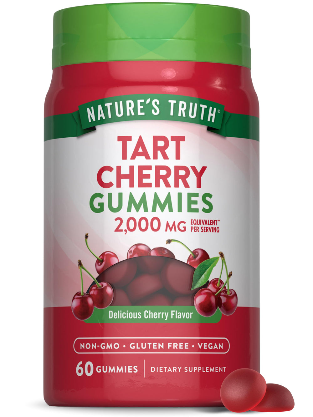 Nature's Truth Tart Cherry Gummies bottle with 60-count, showcasing convenient daily vegan supplement.