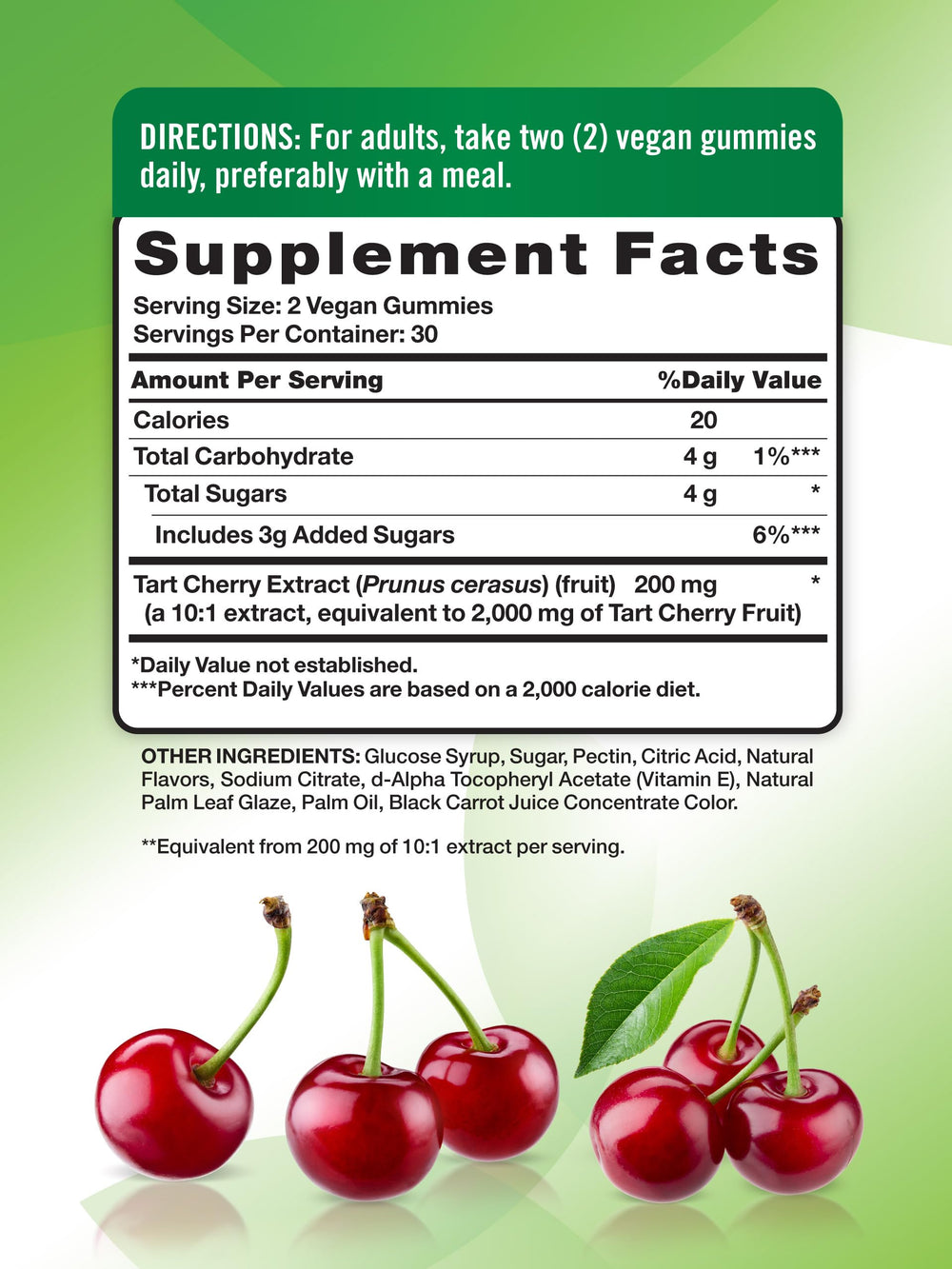 Nature's Truth Tart Cherry Gummies bottle back lists ingredients and benefits.