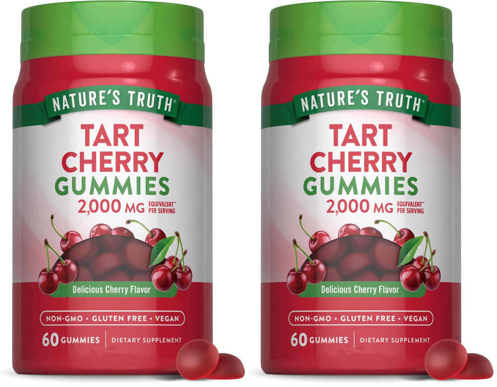 Nature's Truth Tart Cherry Gummies bottle front highlighting vegan, gluten-free chews.