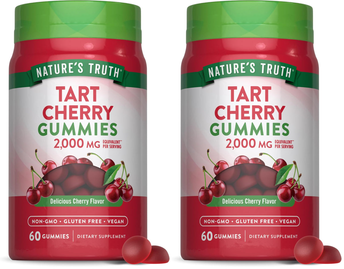 Nature's Truth Tart Cherry Gummies bottle front highlighting vegan, gluten-free chews.