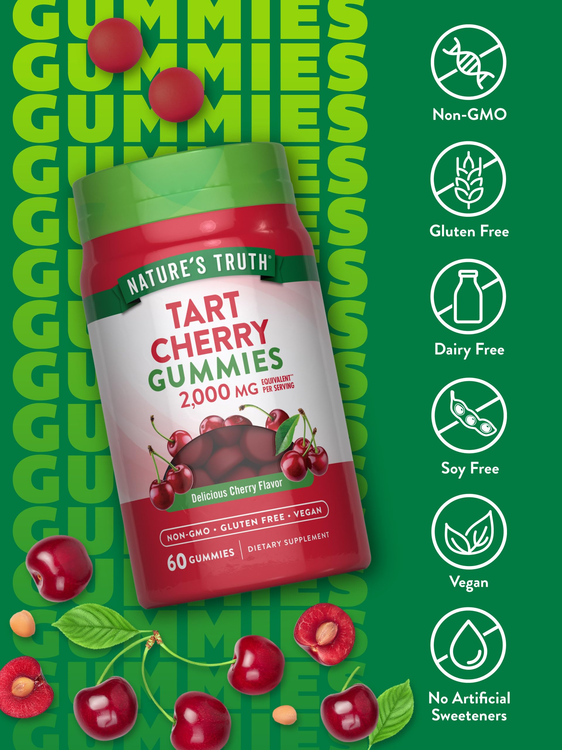 Nature's Truth Tart Cherry Gummies label highlights vegan, gluten-free, and non-GMO claims.