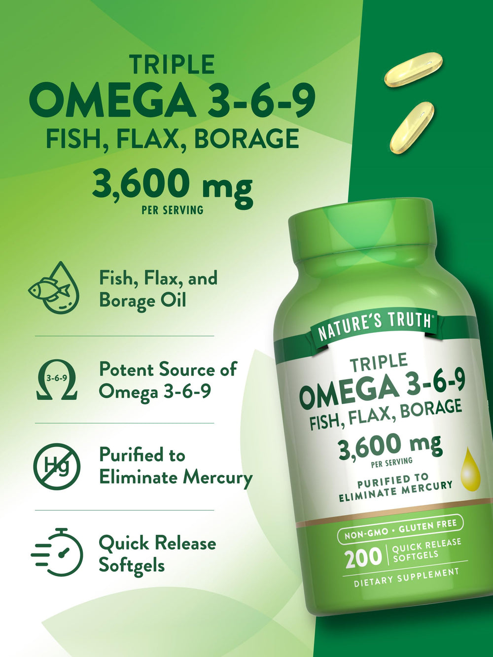 Nature's Truth Triple Omega 3-6-9 gluten-free and Non-GMO badge