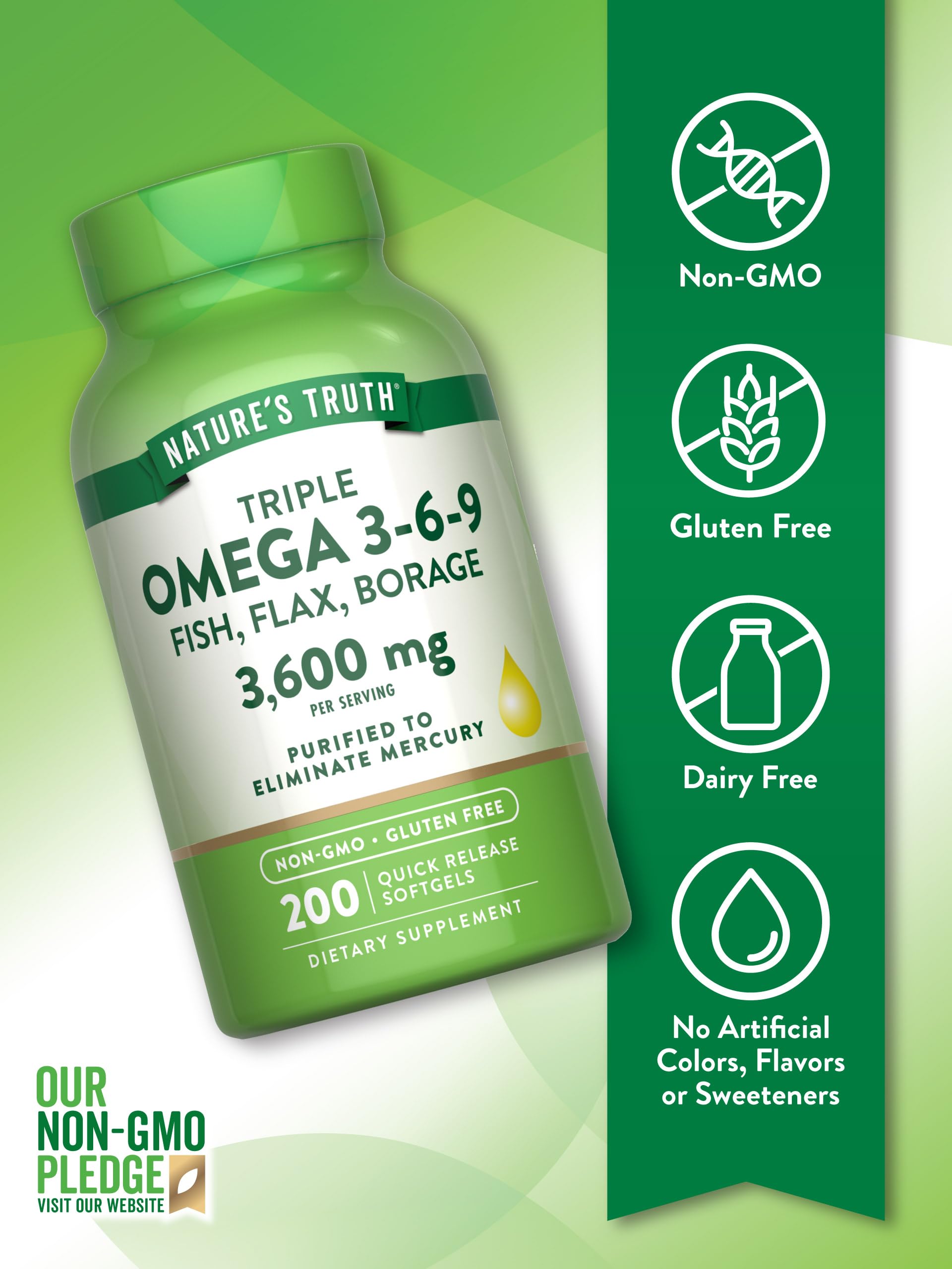 Nature's Truth Triple Omega 3-6-9 oil blends highlighting purified fish, flaxseed, and borage sources