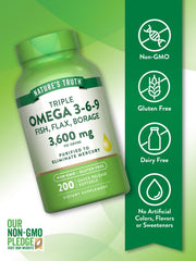 Nature's Truth Triple Omega 3-6-9 oil blends highlighting purified fish, flaxseed, and borage sources