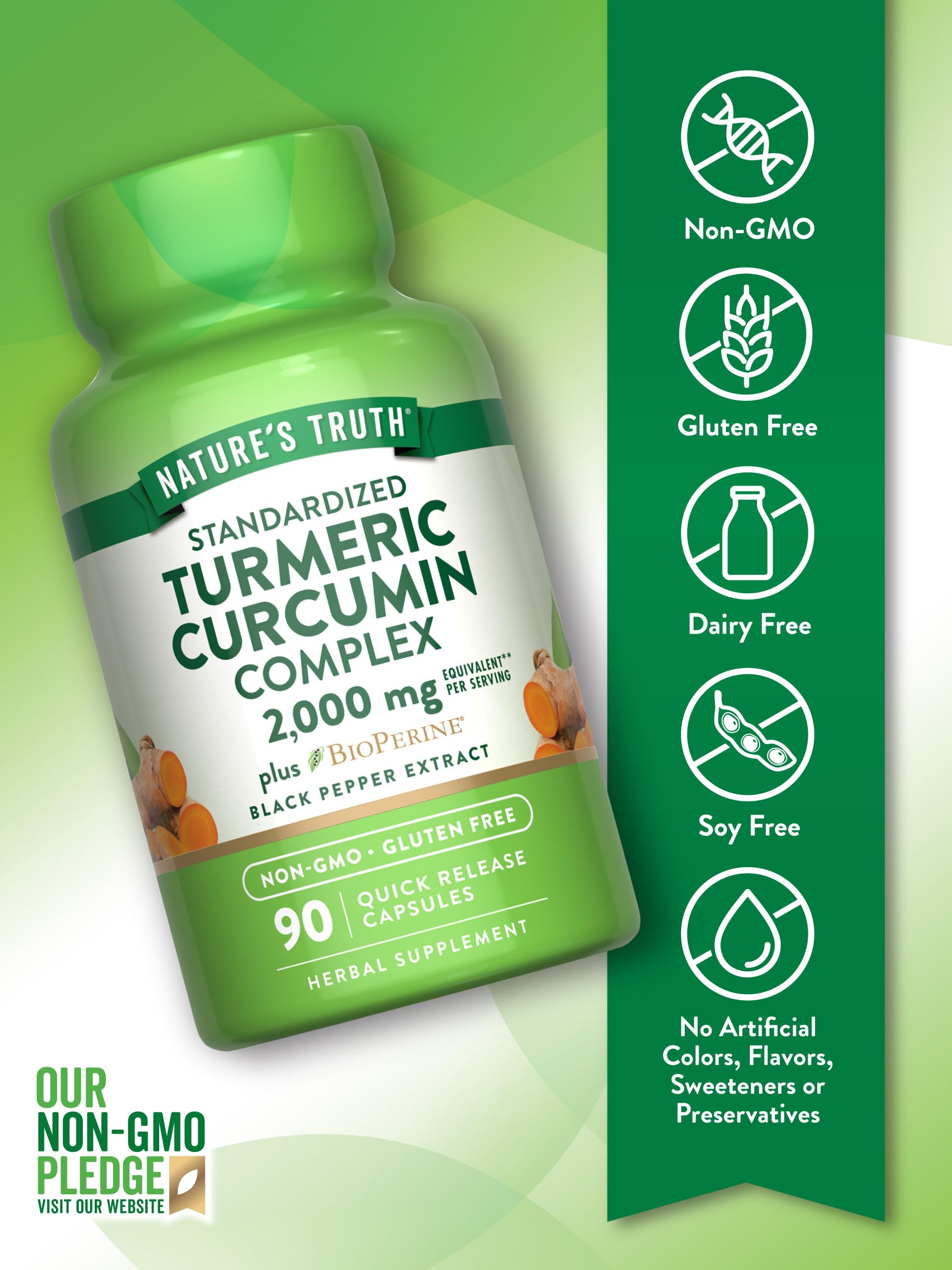 Nature's Truth turmeric curcumin bottle label emphasizes gluten-free and Non-GMO ingredients.