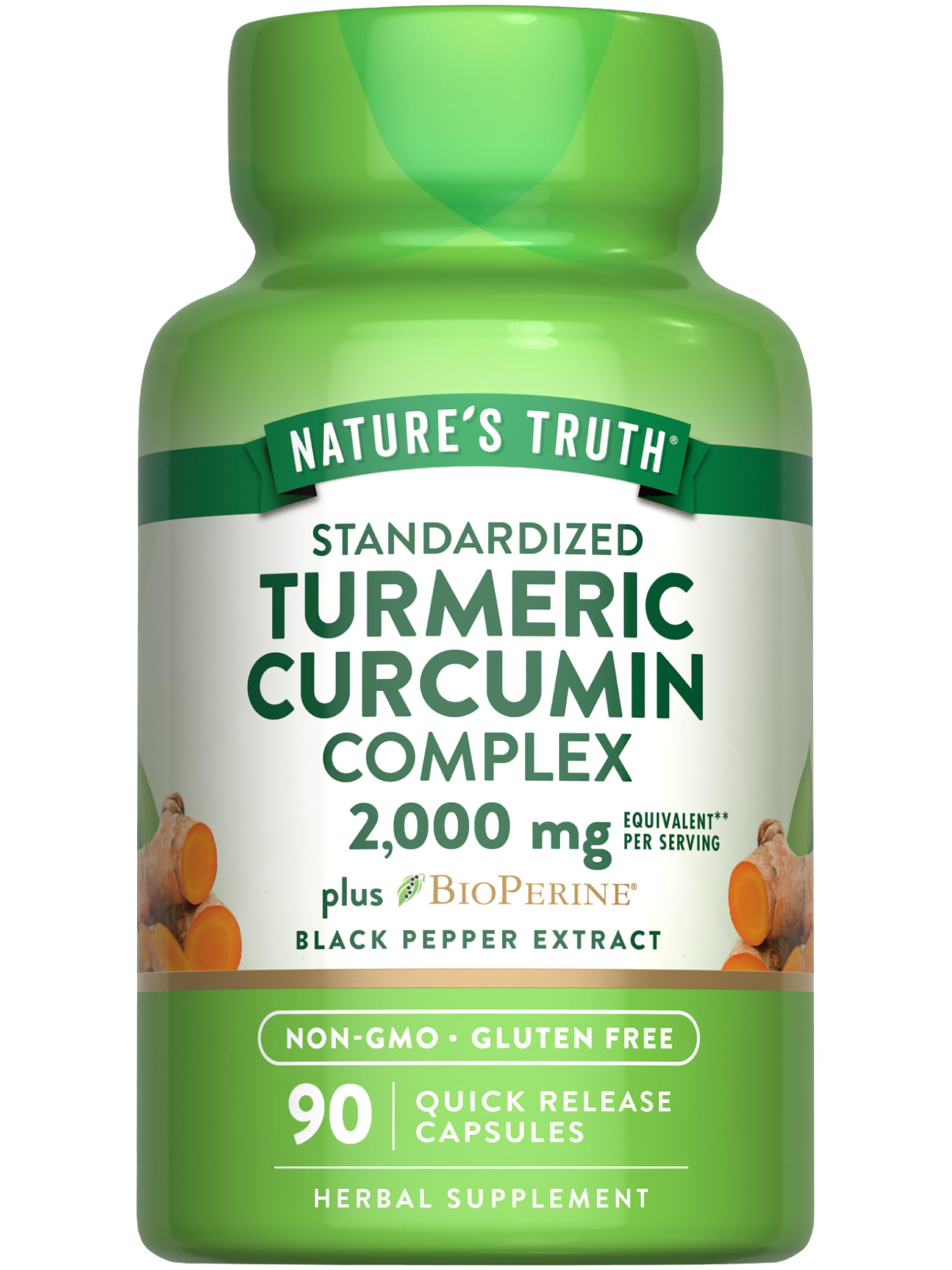 Nature's Truth turmeric curcumin capsules bottle highlights high-potency 2,000 mg formula.