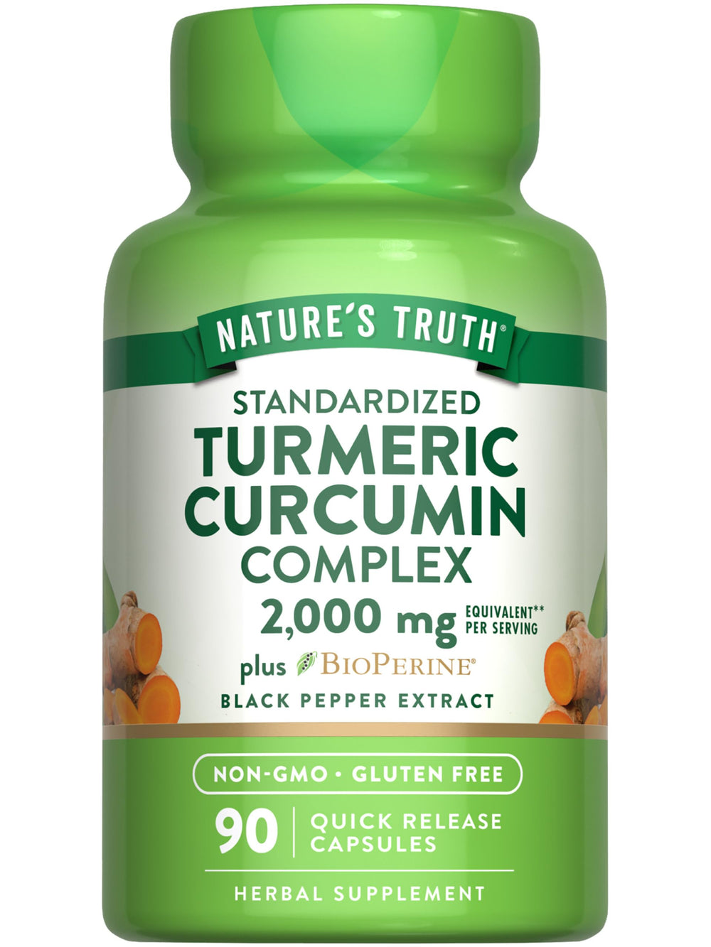 Nature's Truth turmeric curcumin capsules bottle highlights high-potency 2,000 mg formula.