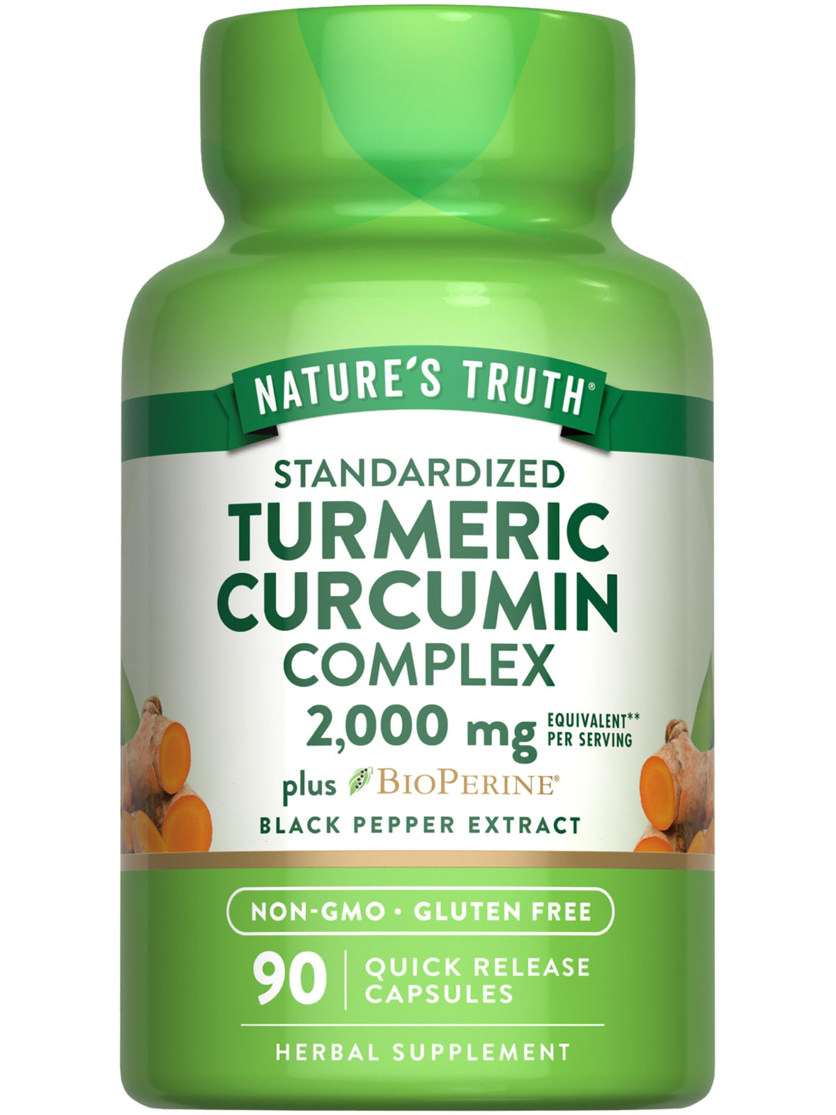 Nature's Truth turmeric curcumin capsules bottle highlights high-potency 2,000 mg formula.