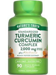 Nature's Truth turmeric curcumin capsules bottle highlights high-potency 2,000 mg formula.