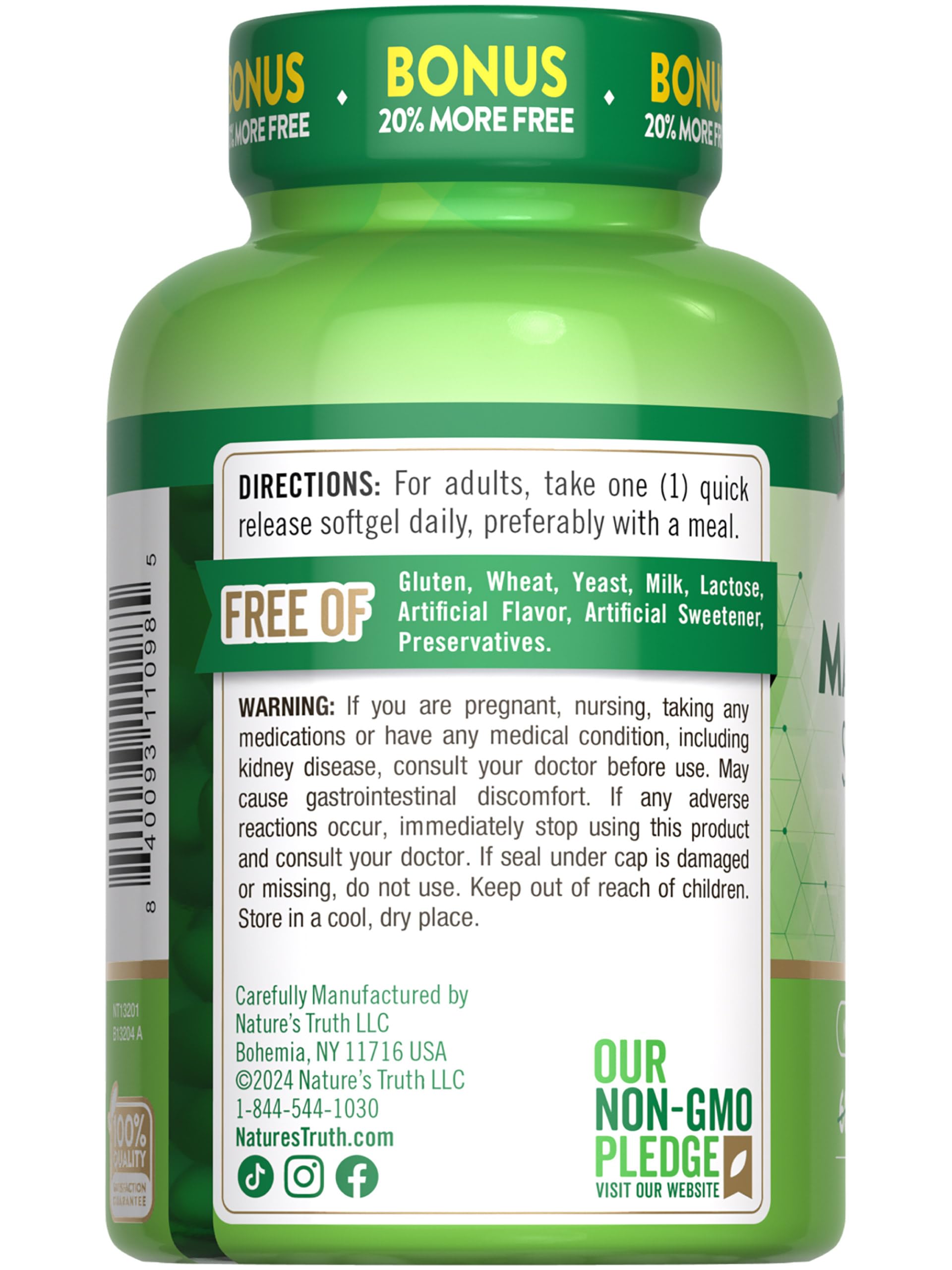 Nature's Truth value-size packaging emphasizes convenience and savings.
