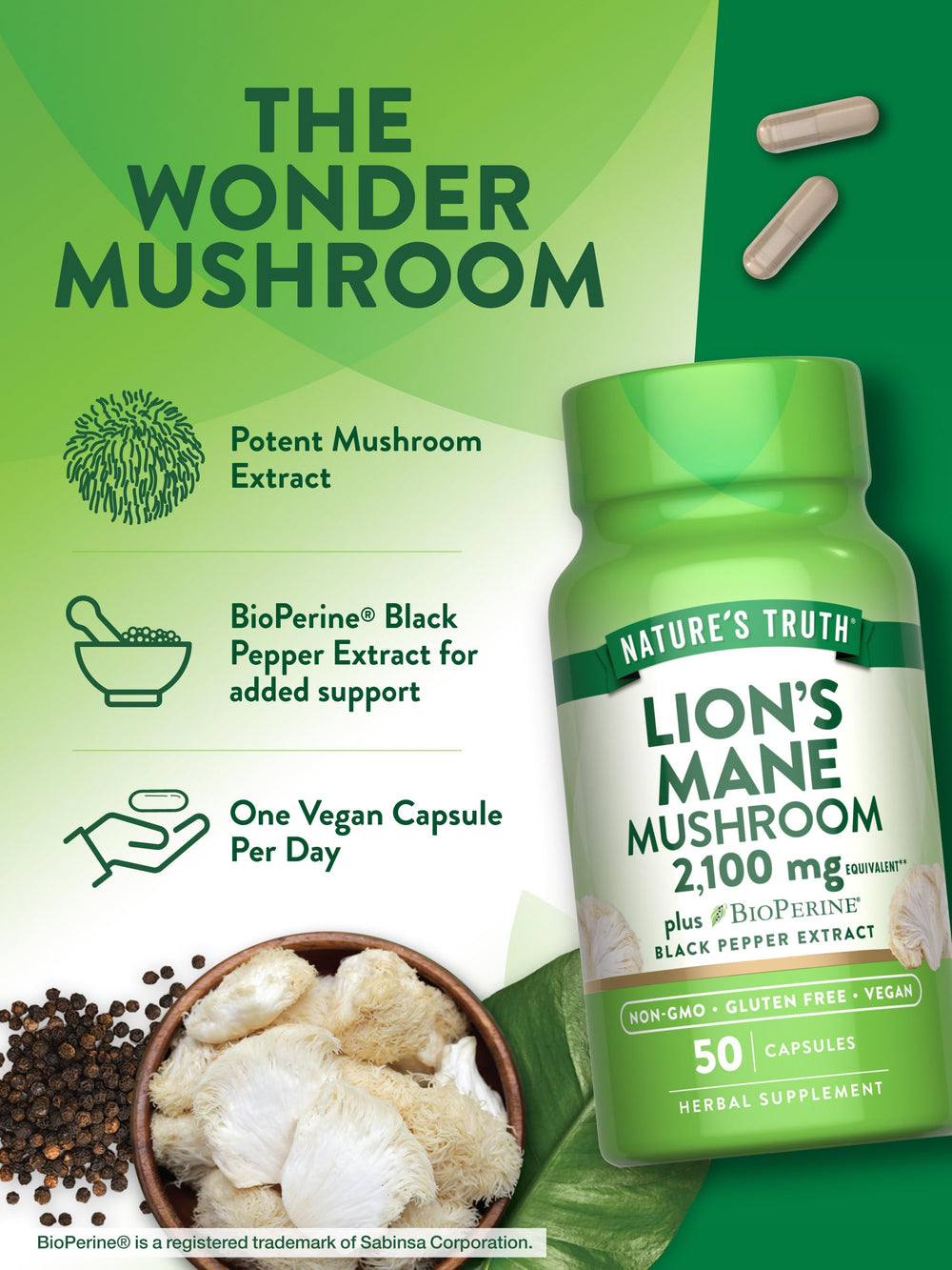 Nature's Truth Lions Mane vegan capsules icon for plant-based use.