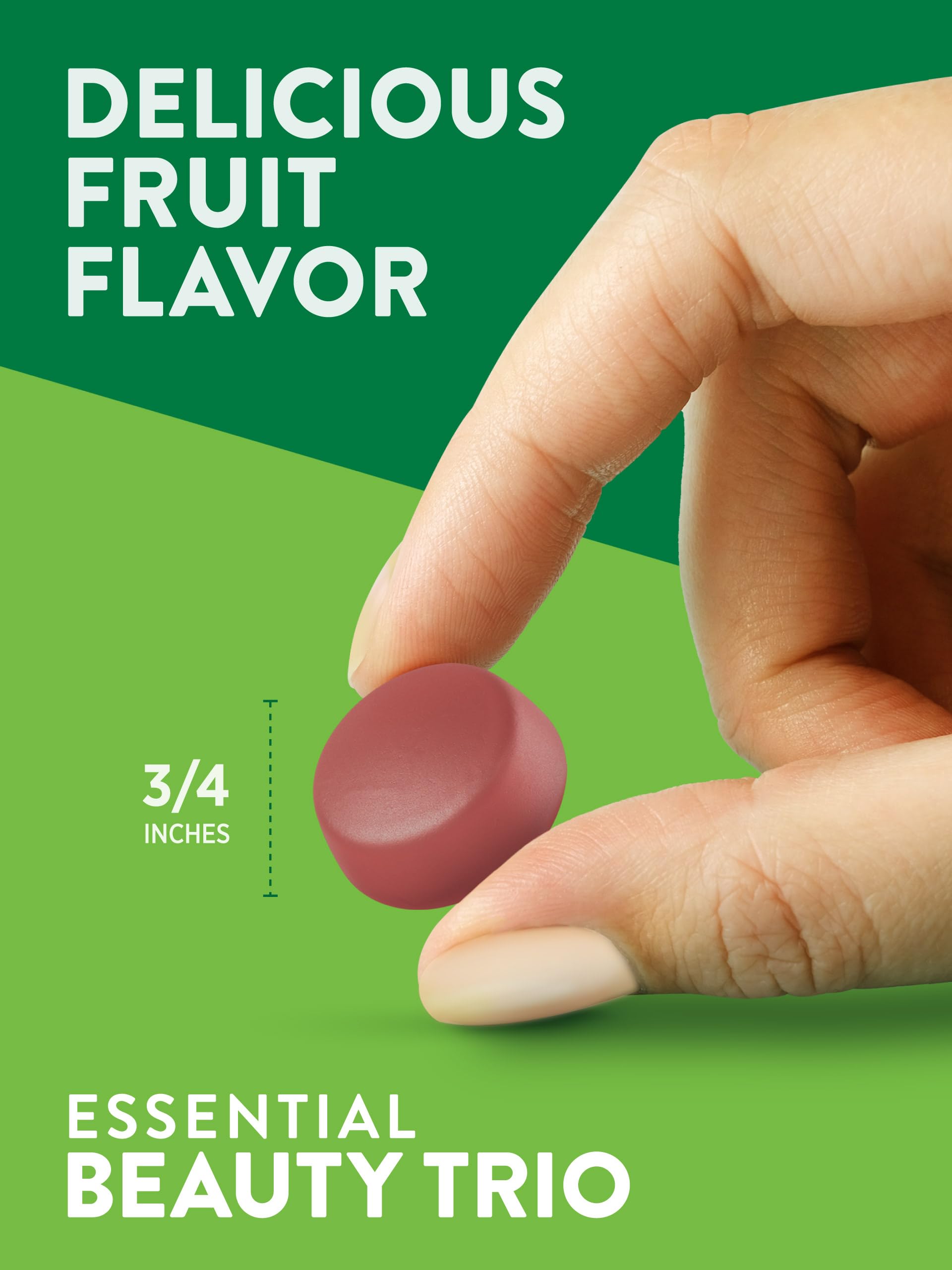 Gummies on counter emphasize fruit-flavored, vegan chews for beauty support.