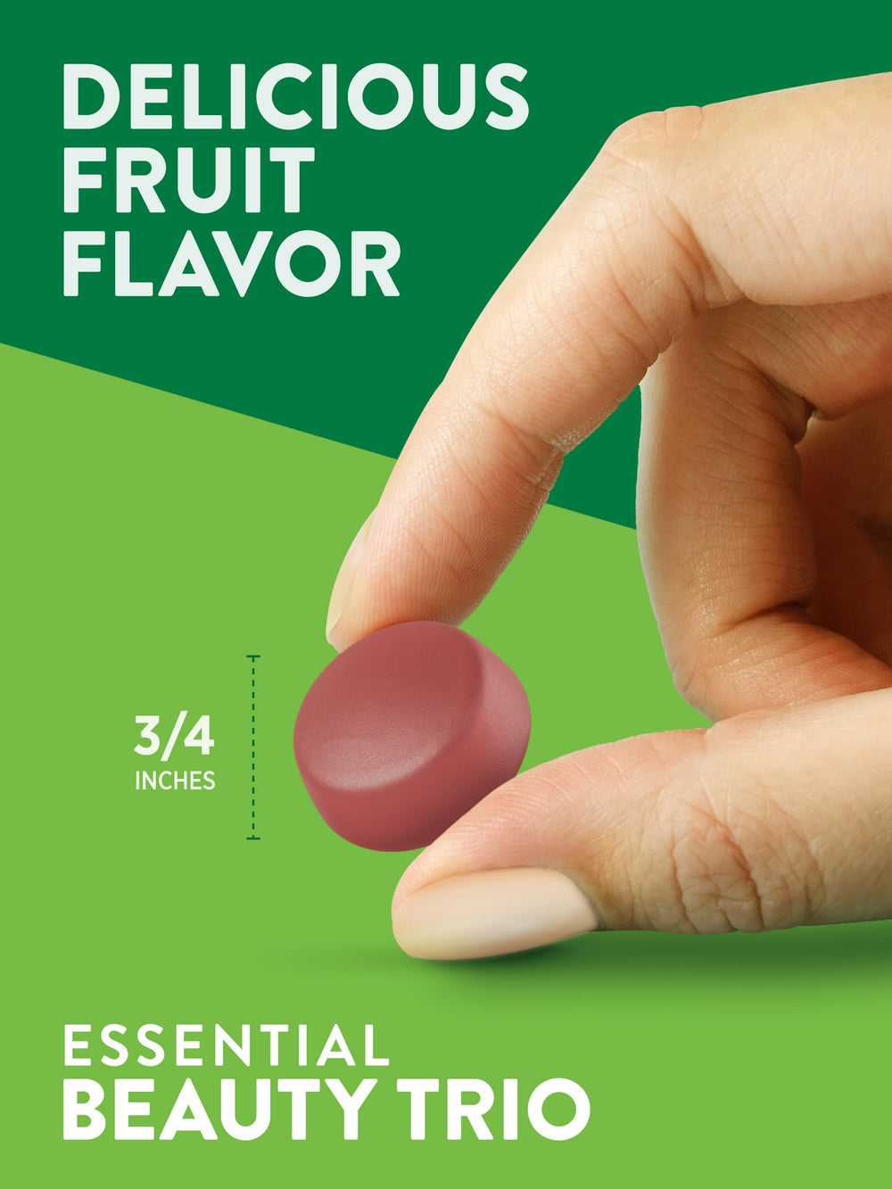 Gummies on counter emphasize fruit-flavored, vegan chews for beauty support.