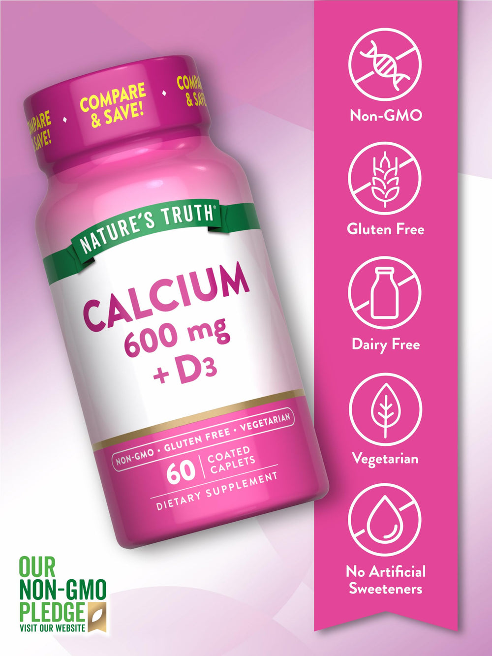 Nature's Truth trail-friendly label and vegetarian caplets, non-GMO and gluten-free.