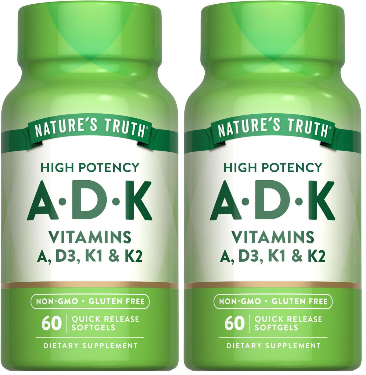 Nature's Truth Vitamin ADK bottle front shows high potency A, D3, K1 & K2