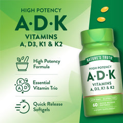 Nature's Truth Vitamin ADK label closeup highlights non-GMO and gluten-free formula