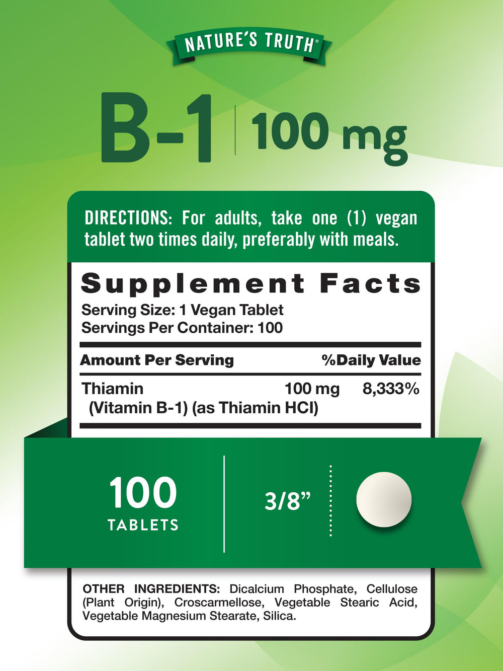 Nature's Truth Vitamin B1 bottle label highlights vegan, gluten-free, and non-GMO benefits