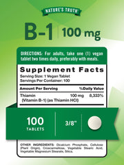 Nature's Truth Vitamin B1 bottle label highlights vegan, gluten-free, and non-GMO benefits