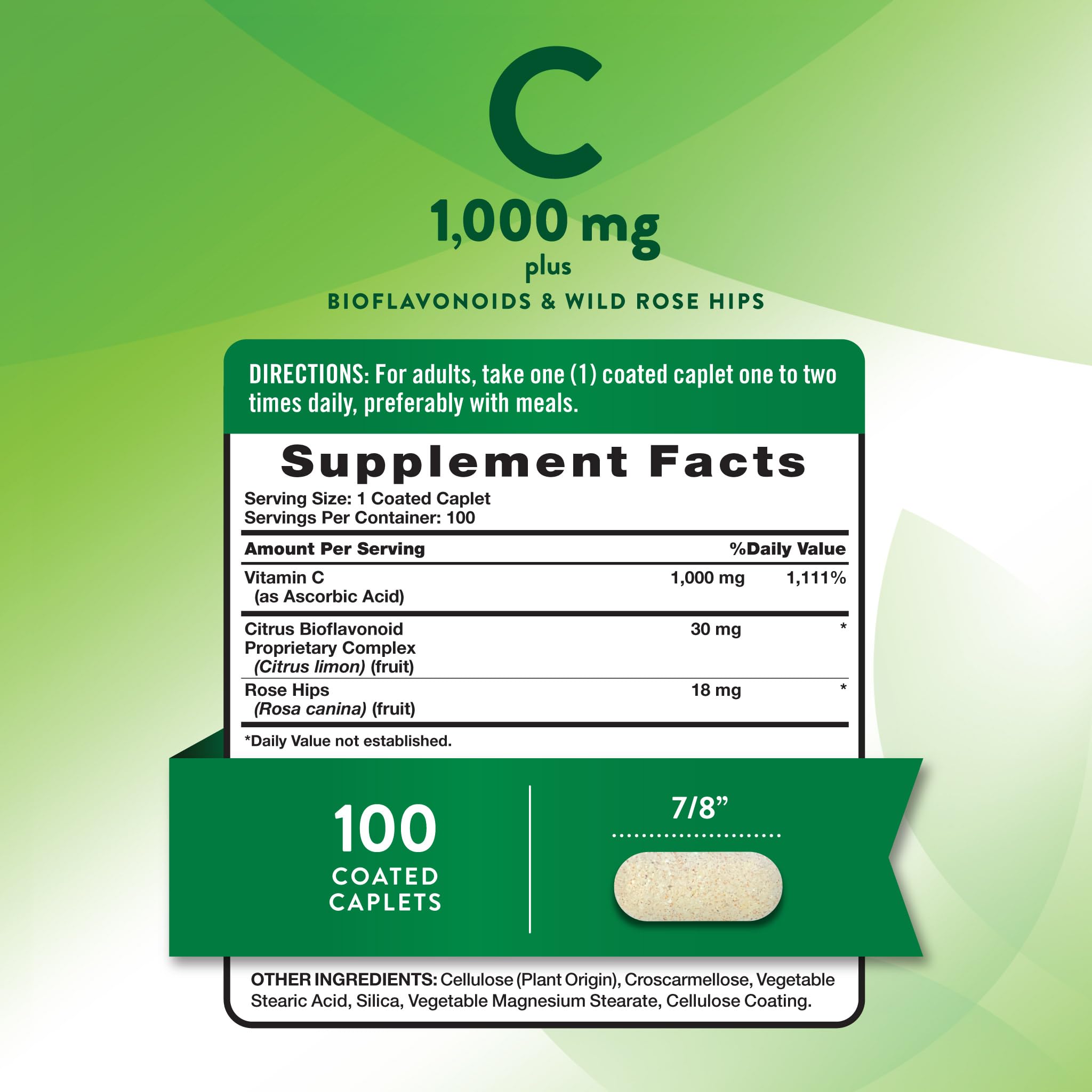 Nature's Truth caplets close-up showing smooth-coated, easy-to-swallow daily vitamin C.