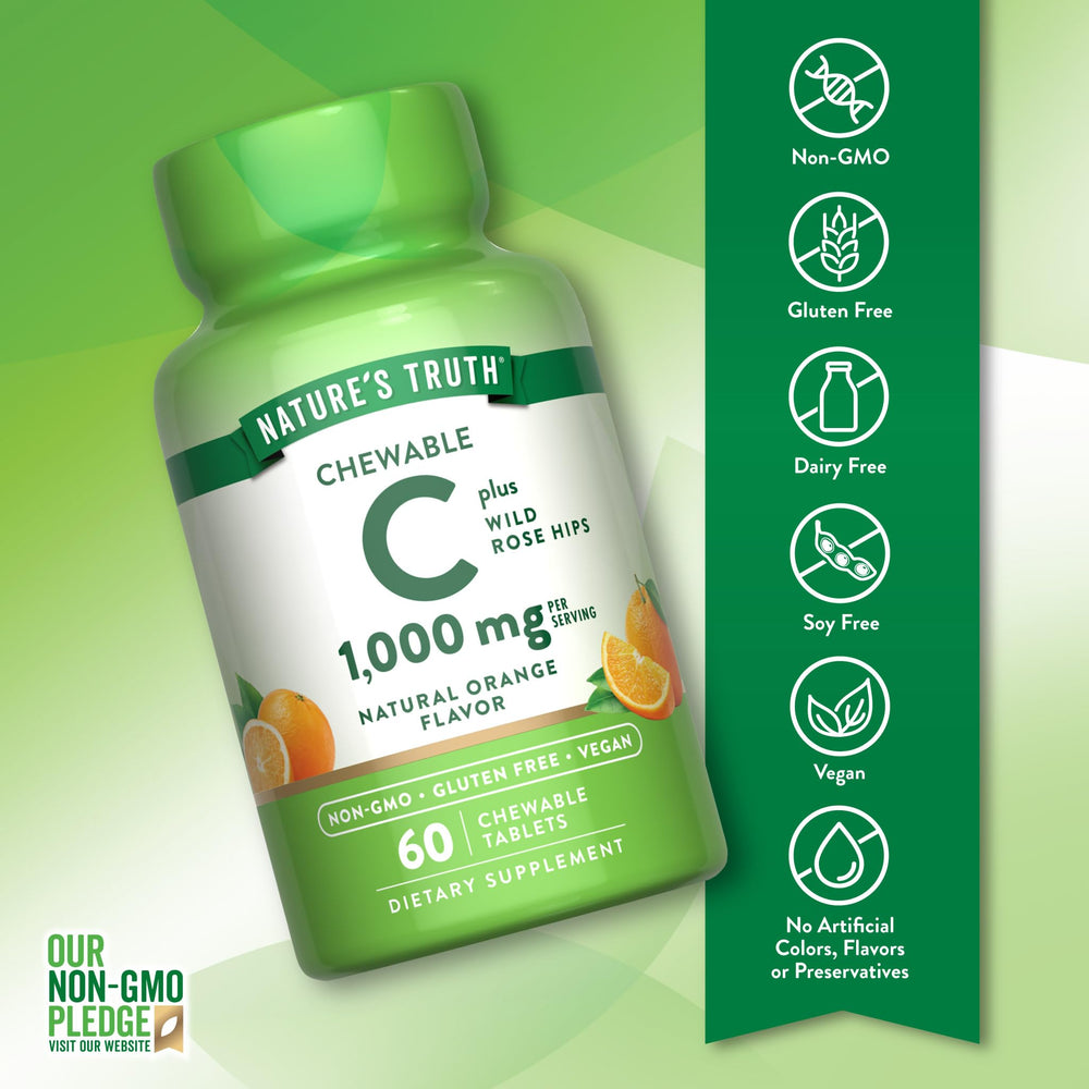 Nature's Truth Vitamin C with Rose Hips bottle label, non-GMO and gluten-free claim visible.