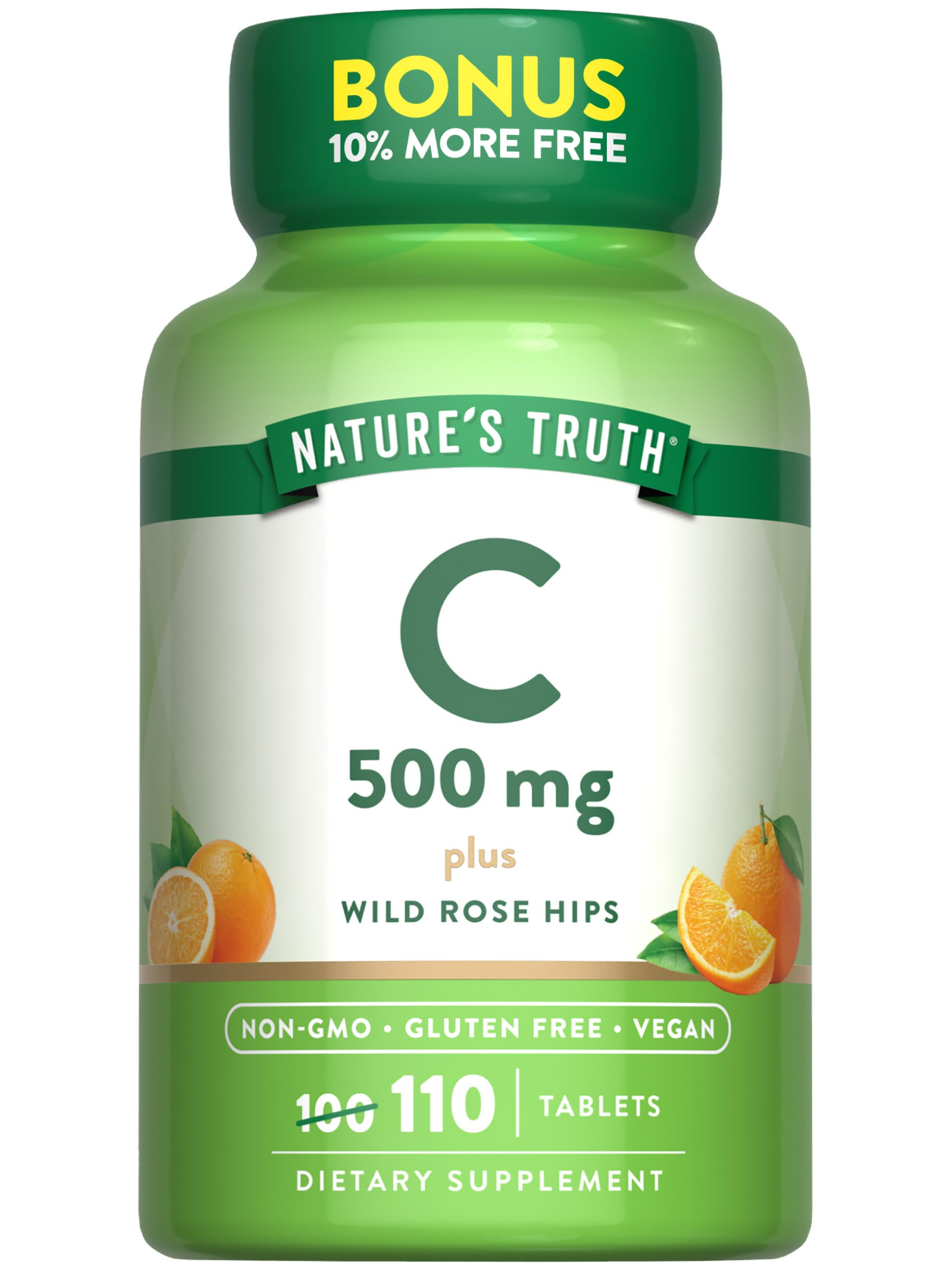 Nature's Truth Vitamin C with Rose Hips bottle shows 110 vegan tablets for daily support.