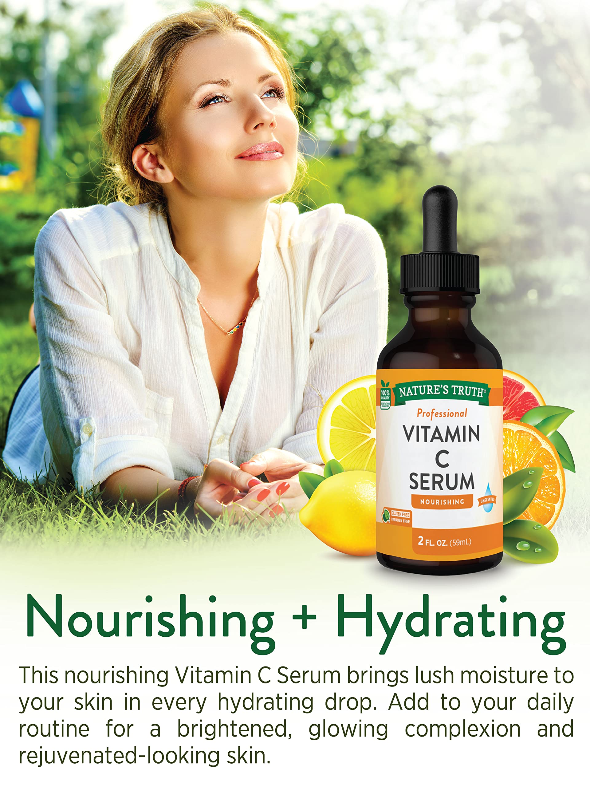 Nature's Truth Vitamin C Serum applied to skin for vibrant, even tone