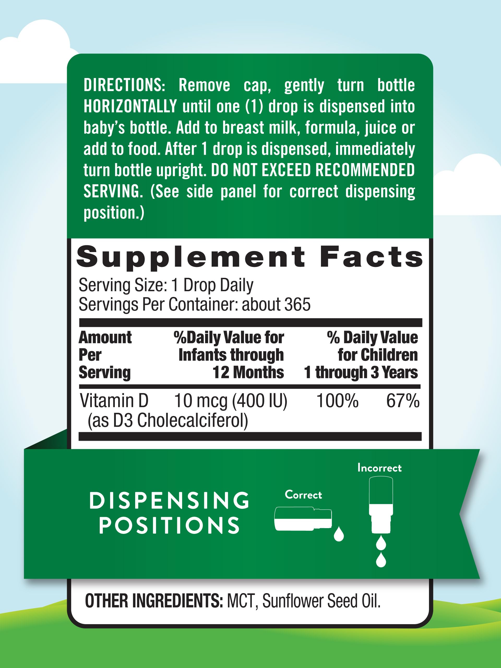 Nature's Truth Vitamin D Drops for Infants dropper pours exact 400 IU