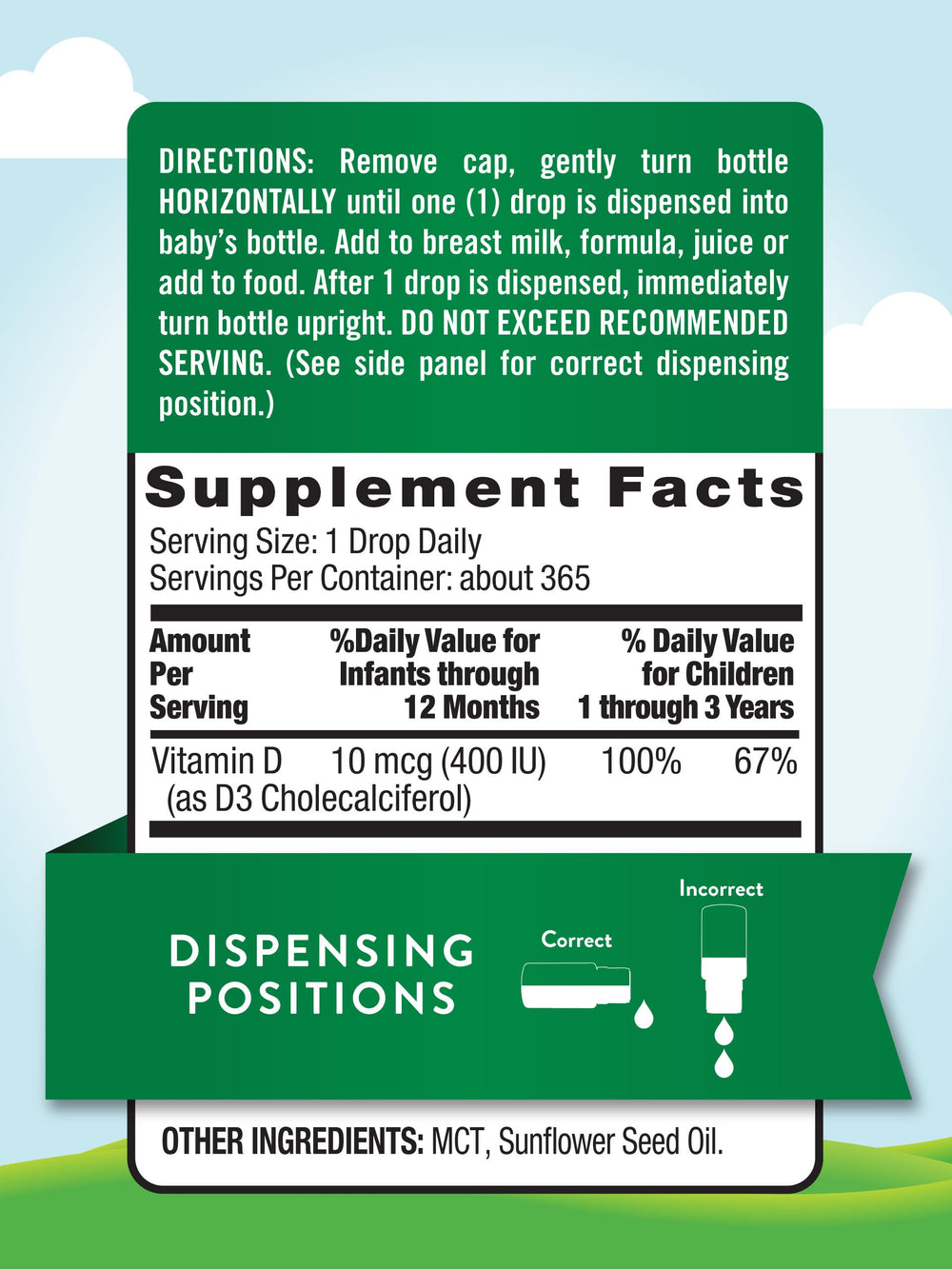 Nature's Truth Vitamin D Drops for Infants dropper pours exact 400 IU