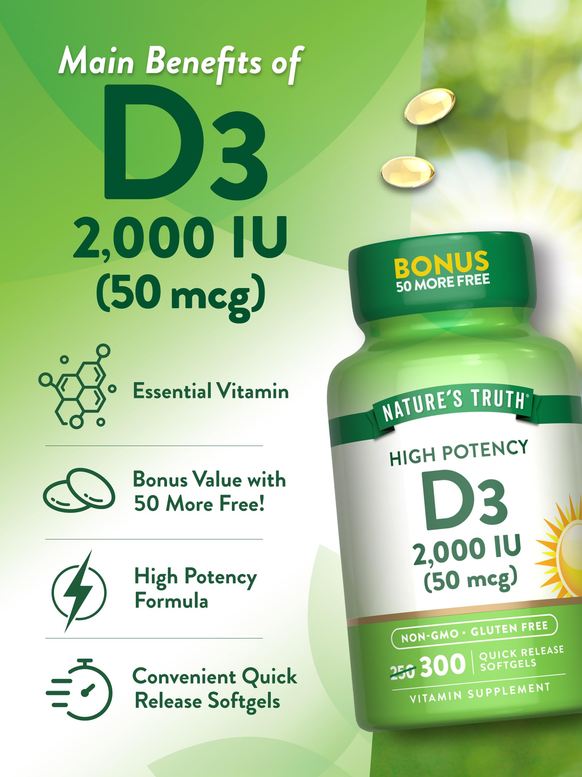 Nature's Truth Vitamin D3 2000 IU packaging highlighting 300-count bottle.