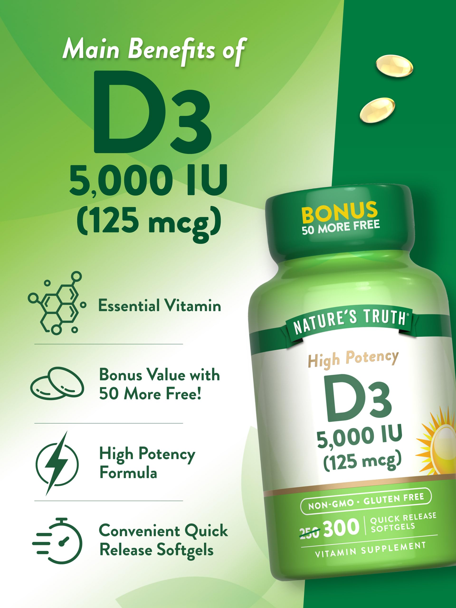 Softgels pouring from Nature's Truth bottle for daily dose
