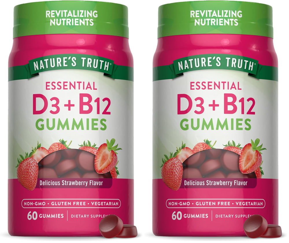Nature's Truth Vitamin D3 and B12 gummies in bottle with strawberry flavor for daily wellness.