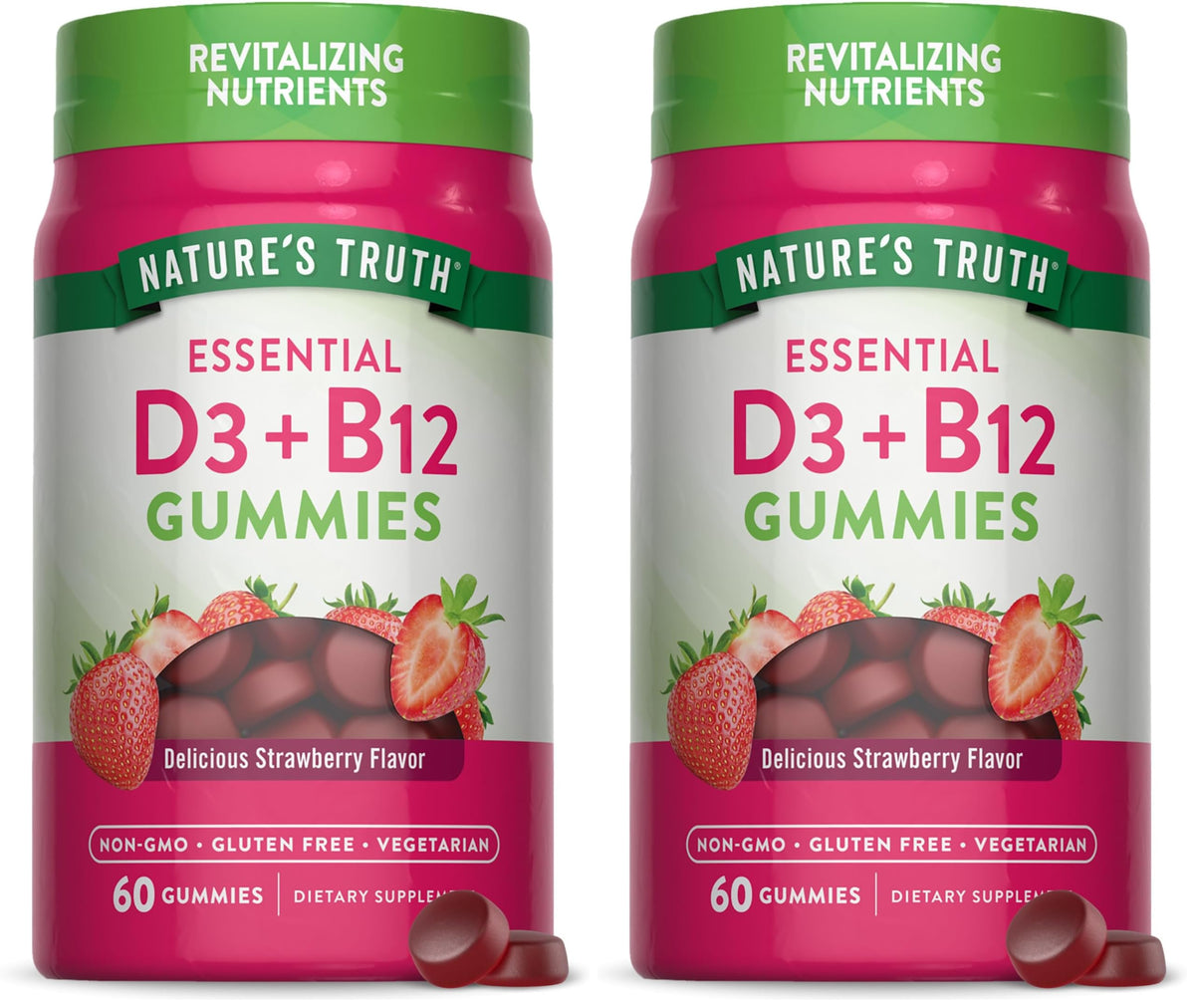 Nature's Truth Vitamin D3 and B12 gummies in bottle with strawberry flavor for daily wellness.