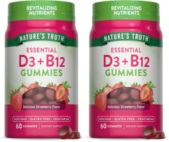 Nature's Truth Vitamin D3 and B12 gummies in bottle with strawberry flavor for daily wellness.