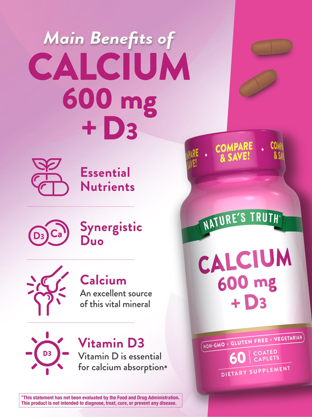 Arrangement of product with usage-ready caplets showing compact daily supplement.